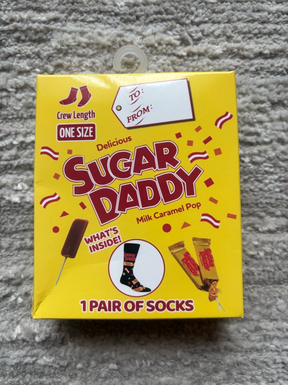 Delicious Sugar Daddy Crew Socks in Yellow and Red Packaging